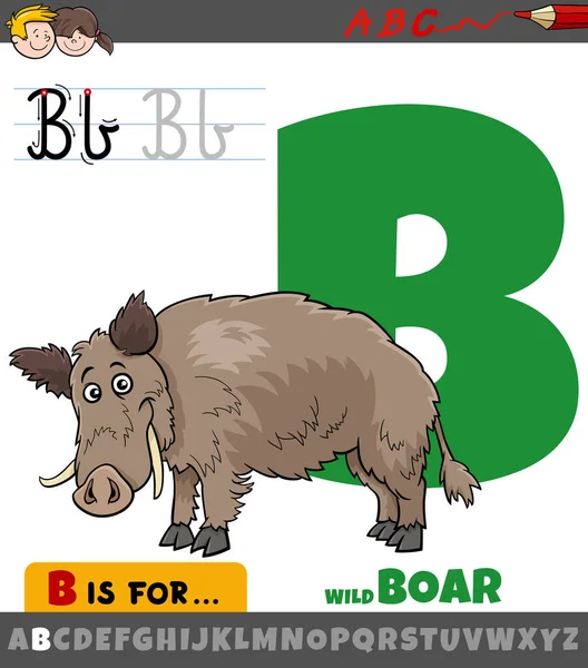 野生のイノシシのキャラクターのアルファベットからの文字Bの教育漫画イラスト — ストックベクタ