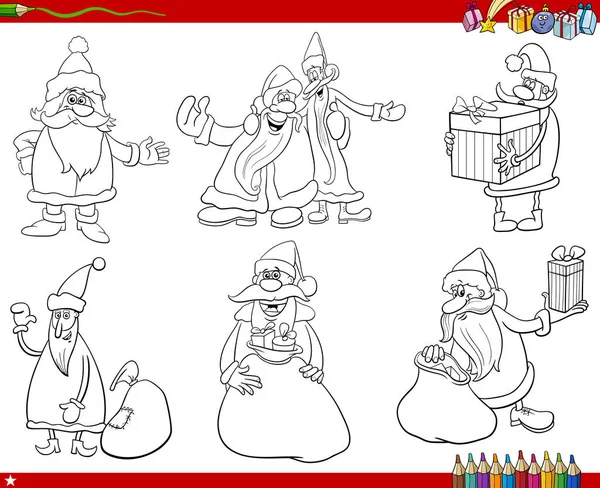 Schwarz Weiß Illustration Von Cartoon Weihnachtsmänner Weihnachtsfiguren Gesetzt Ausmalseite — Stockvektor