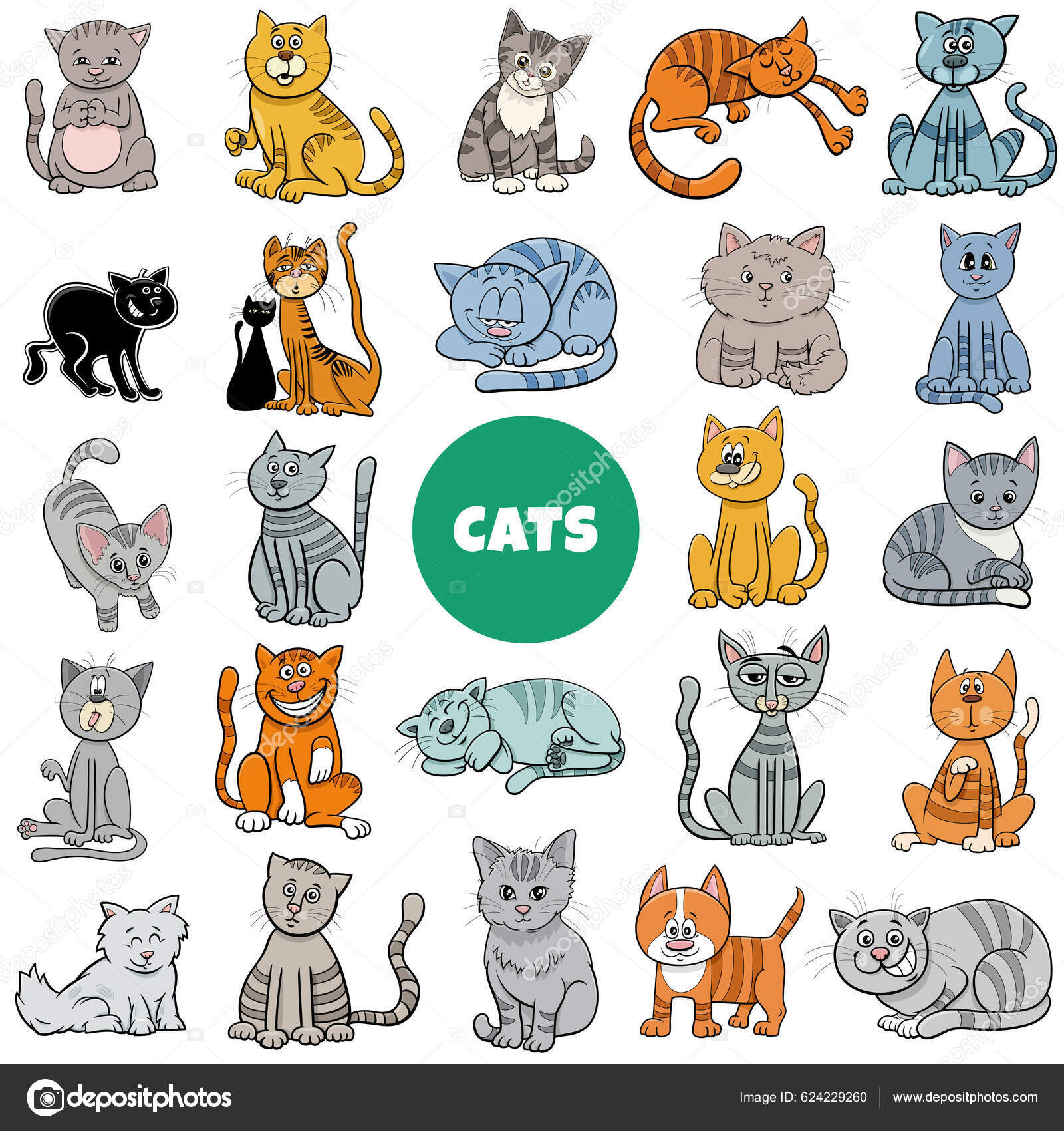 Conjunto de personagens de quadrinhos de gatos e gatinhos de