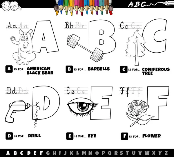 Black White Cartoon Illustration Capital Letters Alphabet Educational Set Reading — Vector de stock