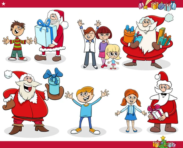 圣诞老人送给孩子们圣诞礼物的卡通画 — 图库矢量图片