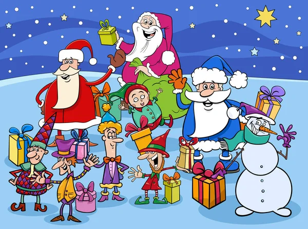 Illustration Dessins Animés Des Personnages Père Noël Des Elfes Pendant — Image vectorielle