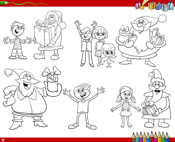 Ασπρόμαυρη Απεικόνιση Της Εικονογράφησης Κινουμένων Σχεδίων Των Χαρακτήρων Santa Clauses — Διανυσματικό Αρχείο