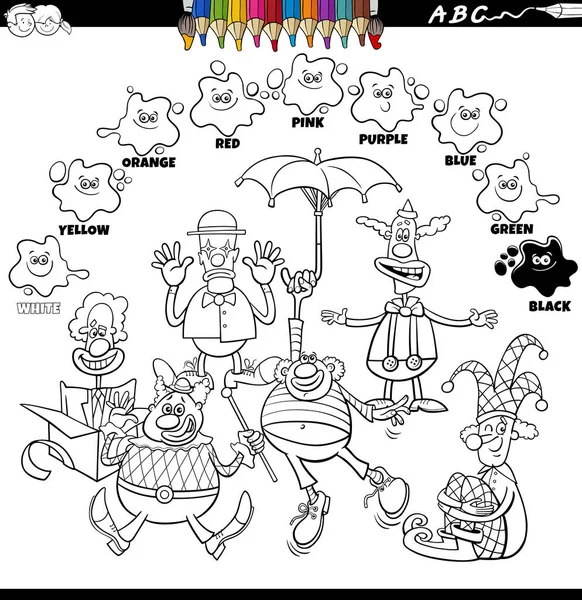 Illustrazione Bianco Nero Cartone Animato Educativo Colori Base Con Clown — Vettoriale Stock