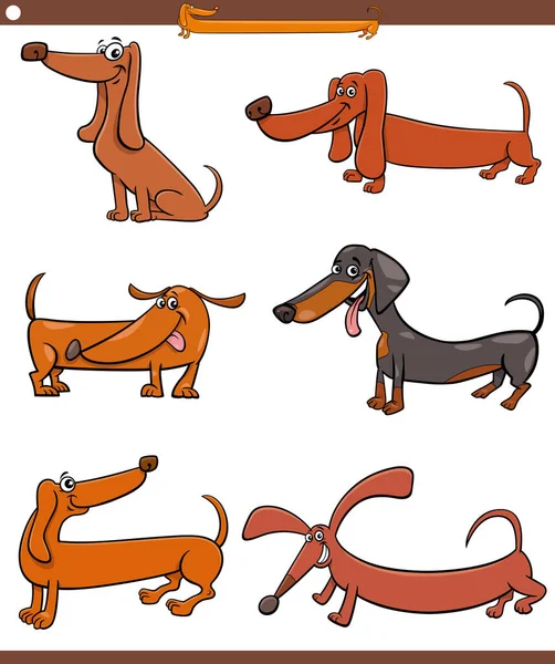 Zeichentrick Illustration Von Lustigen Dackeln Reinrassige Hunde Comic Tierfiguren Gesetzt — Stockvektor