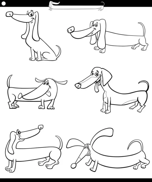Черно Белая Мультяшная Иллюстрация Смешных Такс Чистокровных Собак Комические Персонажи — стоковый вектор