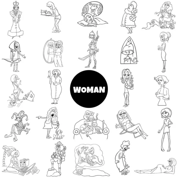 Schwarz Weiße Cartoon Illustration Von Frauen Und Mädchen Charaktere Große — Stockvektor