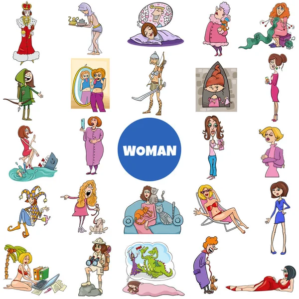 Kadın Kız Karakterlerinin Karikatür Çizimi — Stok Vektör
