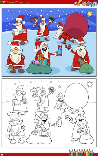 Noel Baba Karakterlerinin Noel Zamanı Renklendirme Sayfasındaki Karikatür Çizimi — Stok Vektör