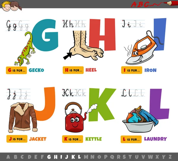 GからLまでの子供のための読み書き練習のためのアルファベット教育セットからの大文字の漫画のイラスト — ストックベクタ