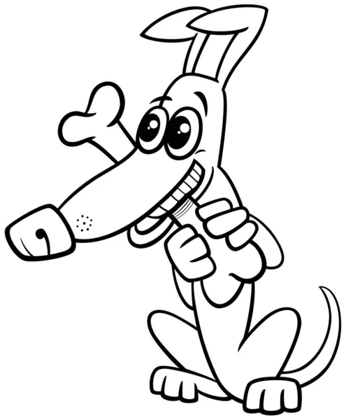 黑白相间的卡通画 滑稽的狗 滑稽的动物角色咬骨头着色页 — 图库矢量图片