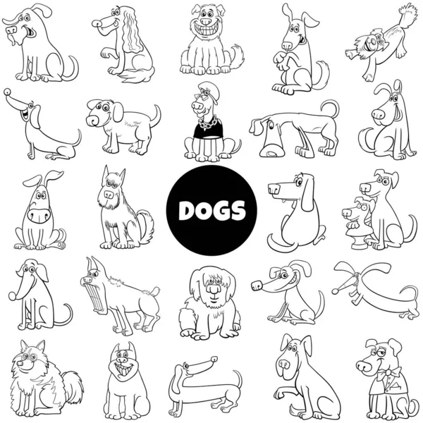 犬や子犬の黒と白の漫画のイラスト動物の漫画のキャラクター大集合 — ストックベクタ