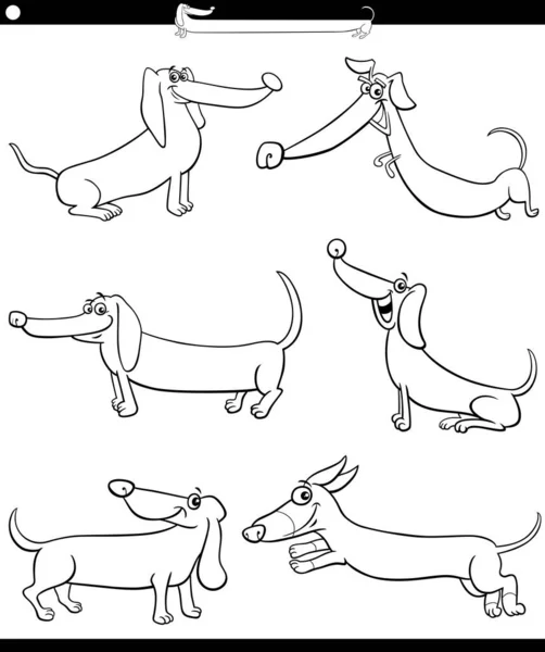 Ασπρόμαυρη Εικονογράφηση Κινουμένων Σχεδίων Του Dachshunds Καθαρόαιμα Σκυλιά Κόμικ Χαρακτήρες — Διανυσματικό Αρχείο