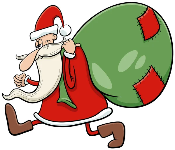 クリスマスプレゼントの袋と幸せなサンタクロースのキャラクターの漫画イラスト — ストックベクタ