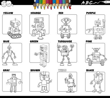 Çizgi robotlarla temel renklerin siyah-beyaz çizimi eğitici resim seti sayfası