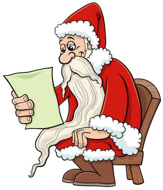 Çizgi film çizimi Noel Baba karakteri Noel zamanı bir mektup okuyor.