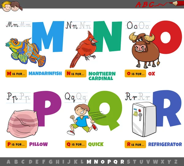 Illustrazione Dei Cartoni Animati Lettere Maiuscole Alfabeto Set Educativo Lettura — Vettoriale Stock