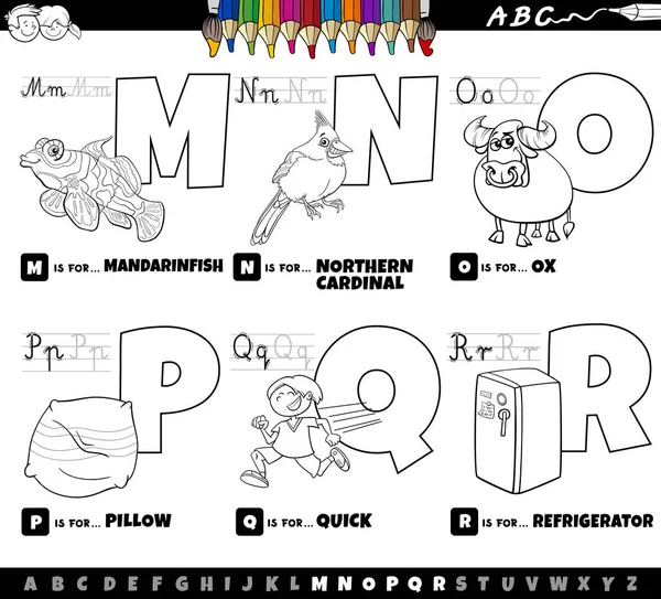 Black White Cartoon Illustration Capital Letters Alphabet Educational Set Reading — Stok Vektör
