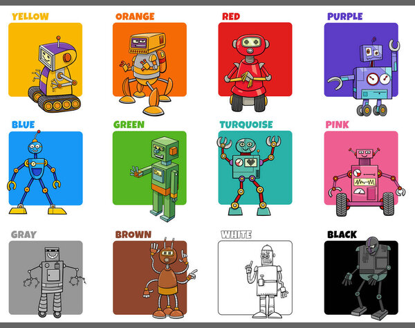 Cartoon illustration of basic colors with comic robots characters educational set