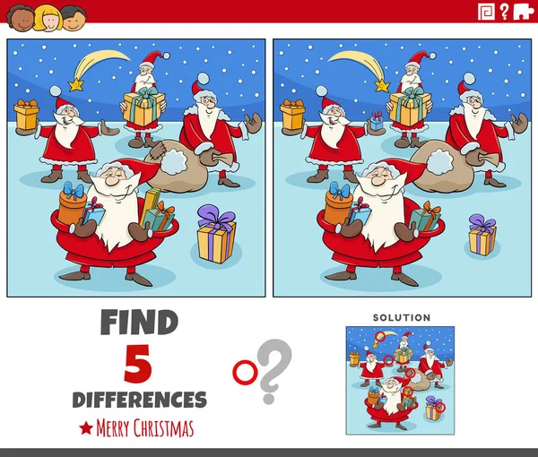 Cartoon Illustration Finding Differences Pictures Educational Activity Children Santa Clauses — Stock Vector