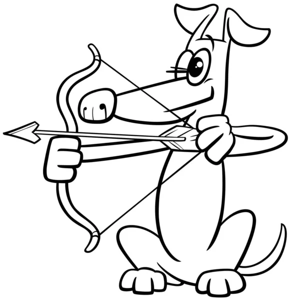 Černobílé Kreslené Ilustrace Legrační Pes Zvíře Charakter Střelba Luk Zbarvení — Stockový vektor