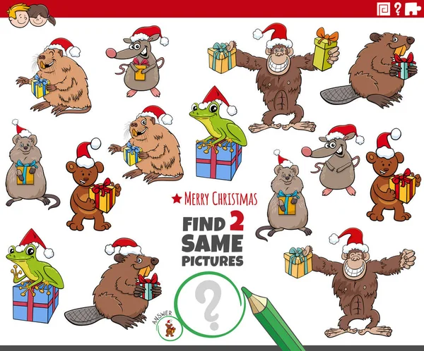 크리스마스 선물을 가지고 재미있는 동물들 교육용 게임을 그림을 — 스톡 벡터