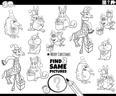 Aynı iki resmi bulmanın siyah beyaz karikatür çizimi Noel hediyeleri boyama sayfası olan komik hayvanlarla eğitici aktiviteler