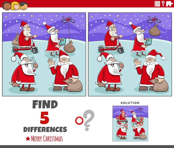 Kreskówka Ilustracja Znalezienia Różnic Między Zdjęciami Gra Edukacyjna Santa Clauses — Wektor stockowy