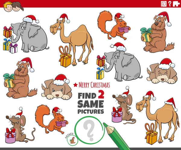 Noel Hediyeli Komik Hayvanlarla Aynı Eğitici Iki Resim Bulmanın Çizgi — Stok Vektör
