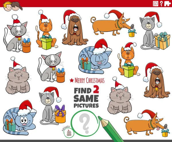 卡通画图解发现了两个相同的图片教育任务与有趣的狗和猫与圣诞礼物 — 图库矢量图片