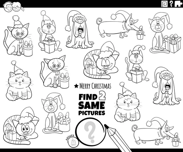 黑白相间的卡通画图解发现两个相同的图片教育任务与有趣的狗和猫与圣诞礼物着色页 — 图库矢量图片