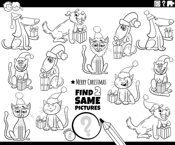 黑白相间的卡通画图解发现两个相同的图片教育游戏与有趣的狗和猫与圣诞礼物着色页 — 图库矢量图片