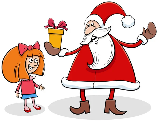Cartoon Illustration Santa Claus Character Giving Christmas Presents Little Girl — Stock Vector