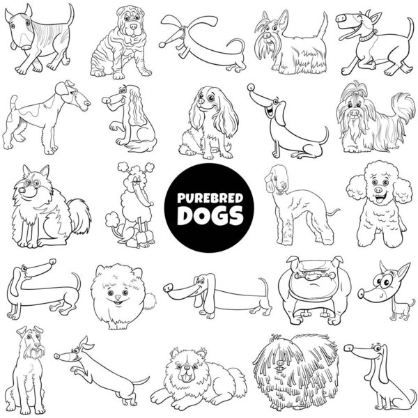 Black  and white cartoon illustration of purebred dogs animal characters big set