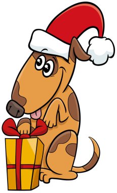Noel hediyeli komik köpek hayvan karakterinin çizgi film çizimi