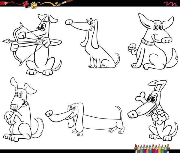 面白い犬漫画のキャラクターの黒と白の漫画のイラスト漫画のキャラクターセット着色ページ — ストックベクタ