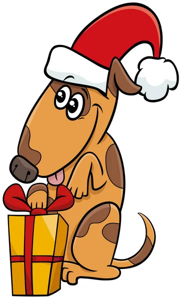 クリスマスプレゼントと面白い犬動物のキャラクターの漫画イラスト — ストックベクタ
