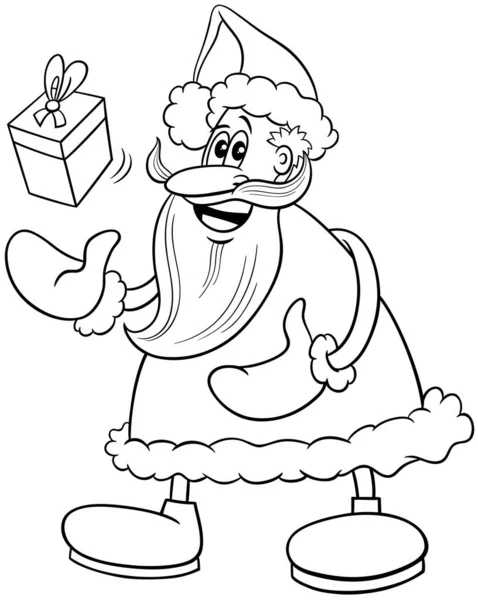 Černobílé Kreslené Ilustrace Šťastný Santa Claus Charakter Vánoční Dárek Zbarvení — Stockový vektor