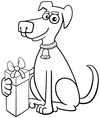 Noel hediyesi boyama sayfası olan komik köpek hayvan karakterinin siyah beyaz çizimi