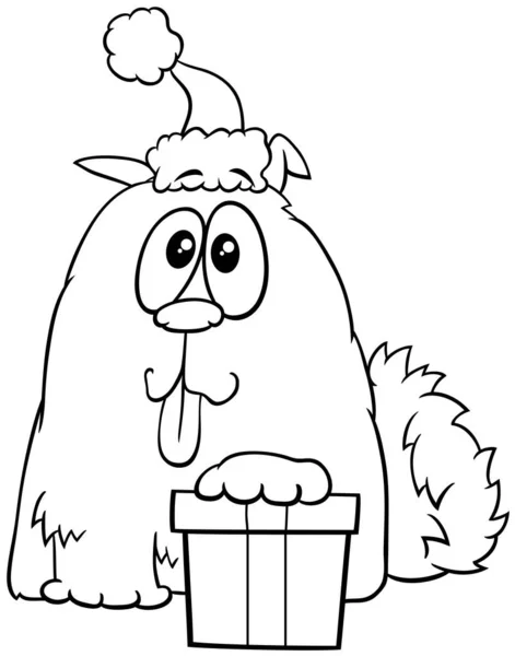 Czarno Biała Kreskówka Ilustracja Zabawny Pies Zwierzę Charakter Prezentem Boże — Wektor stockowy