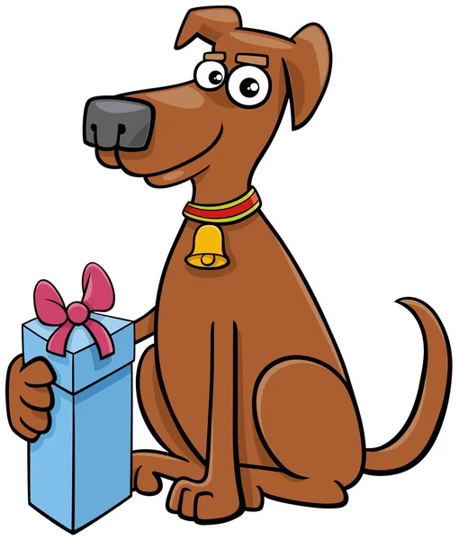 Desenhos Animados Ilustração Cão Engraçado Personagem Animal Com Presente Natal — Vetor de Stock
