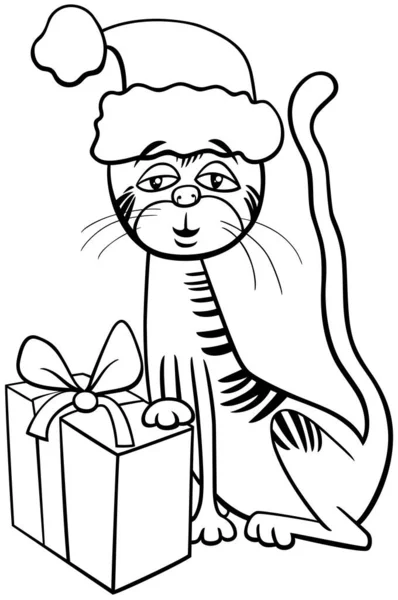 Black White Cartoon Illustration Cat Kitten Animal Character Present Christmas — Stock Vector