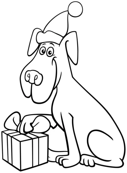 Komik Köpek Hayvan Karakterinin Noel Zamanı Boyama Sayfasında Hediyeli Siyah — Stok Vektör