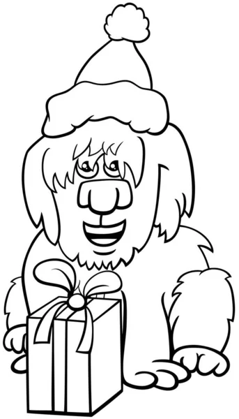 Black White Cartoon Illustration Shaggy Dog Animal Character Gift Christmas — Stock Vector