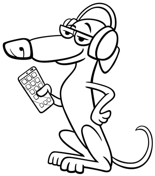 Ασπρόμαυρη Εικονογράφηση Κινουμένων Σχεδίων Του Αστείο Σκυλί Ζώο Χαρακτήρα Ακούγοντας — Διανυσματικό Αρχείο