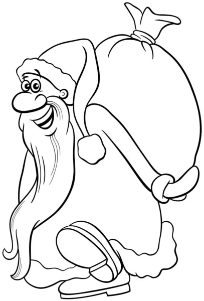 Schwarz Weiße Cartoon Illustration Von Glücklichen Weihnachtsmann Figur Trägt Sack — Stockvektor