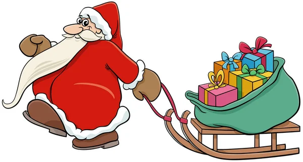 Cartoon Illustration Happy Santa Claus Character Pulling Sleigh Christmas Gifts — Stock Vector