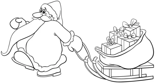 幸せなサンタクロースのキャラクターの黒と白の漫画のイラストはクリスマスの贈り物の着色ページでそりを引く — ストックベクタ