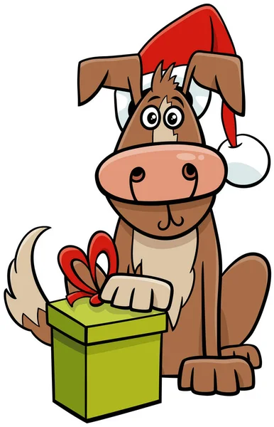 Illustration Bande Dessinée Personnage Animal Drôle Chien Avec Cadeau Sur — Image vectorielle