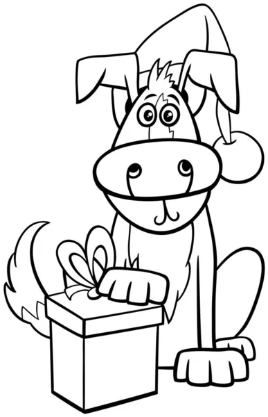 Черно Белый Карикатурный Рисунок Забавного Персонажа Собаки Подарком Рождественской Раскраске — стоковый вектор